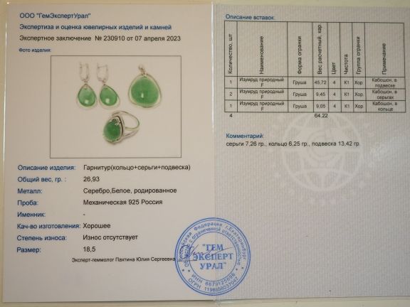 Комплект из серебра с изумрудами - 1